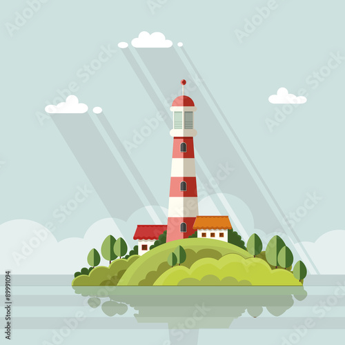 Seascape. Lighthouse on the island on a background of clouds. Fl