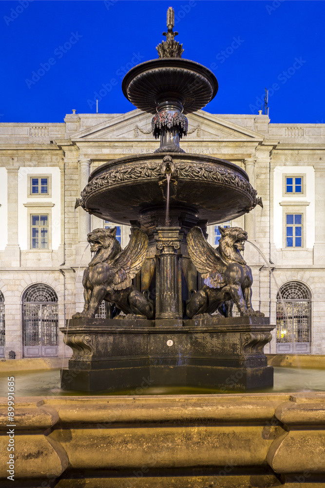University Gomes Teixeira Square Fountain, Porto night cityscape