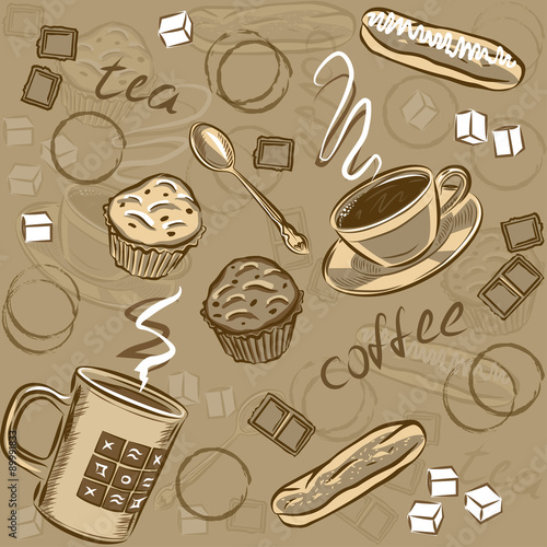 Coffee and cake seamless pattern.Vector illustration.