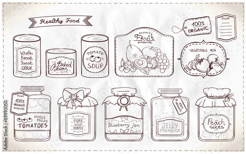 Illustration set of canned goods and tags.