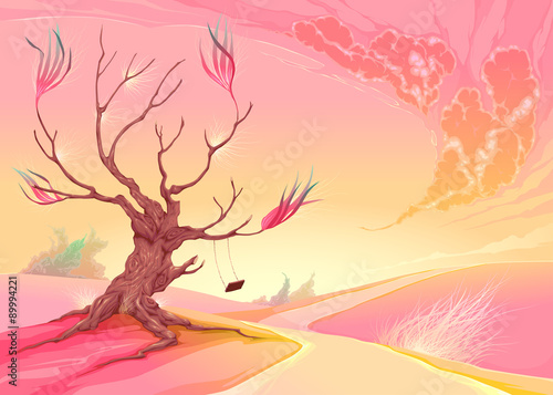 Romantic landscape with tree and sunset