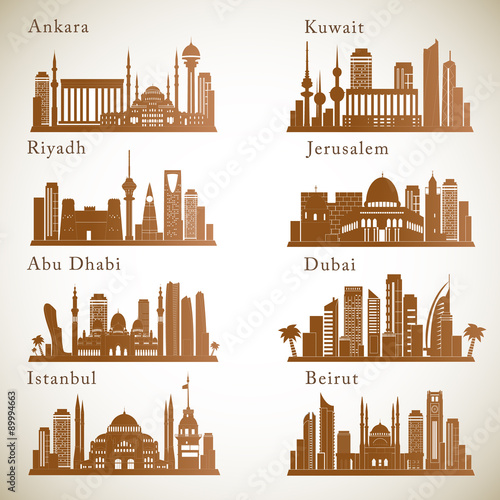 Middle East Cities skylines set. Middle east landmarks vector silhouettes