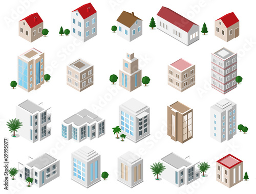 Set of 3d detailed isometric city buildings: private houses, skyscrapers, real estate, public buildings, hotels. Building icons collection