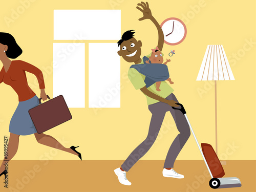 Stay at home dad with a baby in a sling, vacuuming and waving goodbye to his wife, who is going to work, vector cartoon, no transparencies, EPS 8