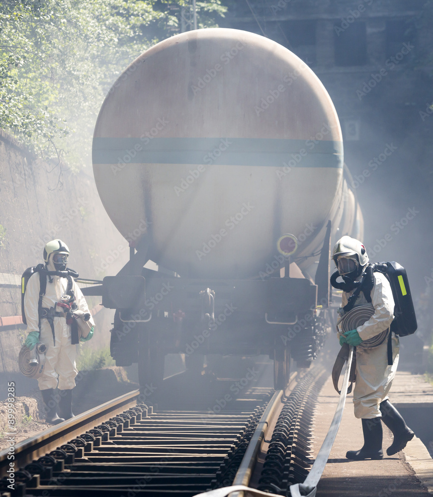 Naklejka premium Toxic chemicals acids emergency train firefighters