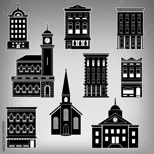 Small Town Main Street Buildings on a Plain Background