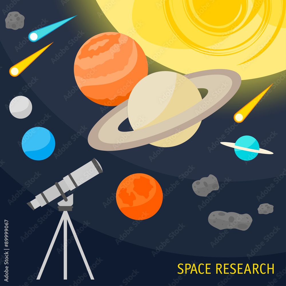 Naklejka premium illustration with cartoon space objects and telescope isolated on black