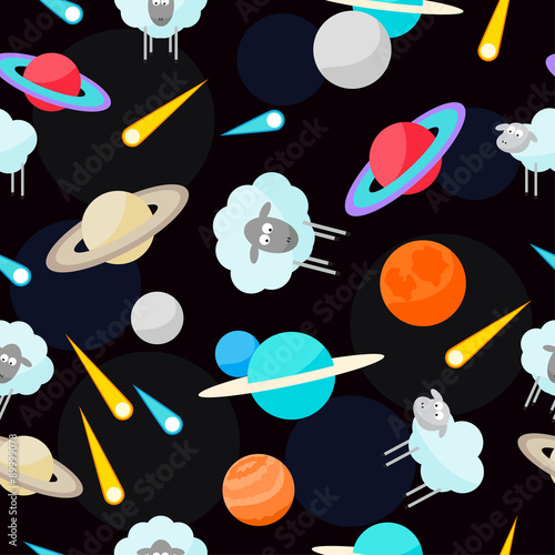Planets, comets and cute sheep in open space. Funny cartoon seamless pattern background