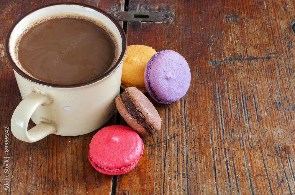 Cup Of Coffee With Milk And Macarons Cup Of Coffee With Milk And Macarons