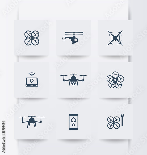 Drones, Quadrocopter, Copters square modern icons, vector illustration, eps10, easy to edit