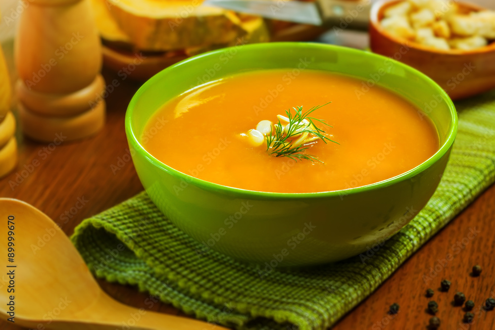 Fresh pumpkin soup, vegetarian healthy food Fresh pumpkin soup, vegetarian healthy food