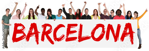 Barcelona multikulturell Gruppe junge Leute Menschen halten Schi