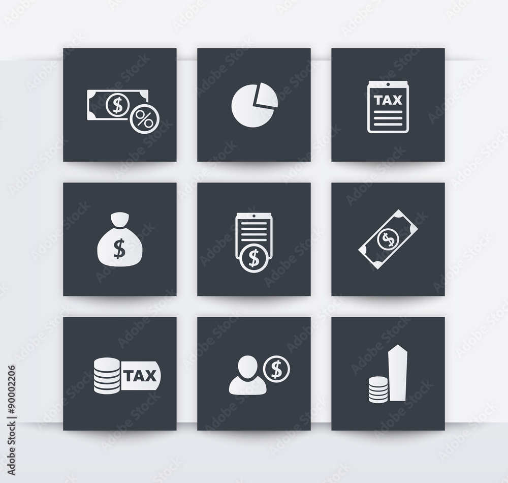 tax, finance, money, income square icons, vector illustration, eps10, easy to edit