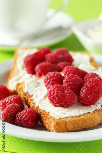 Fresh toast with raspberry on green wooden background