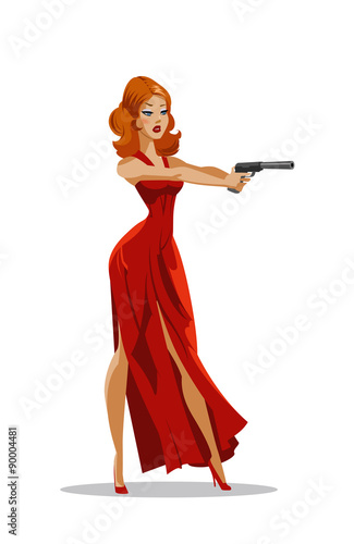 The woman super agent. In a red dress with a gun