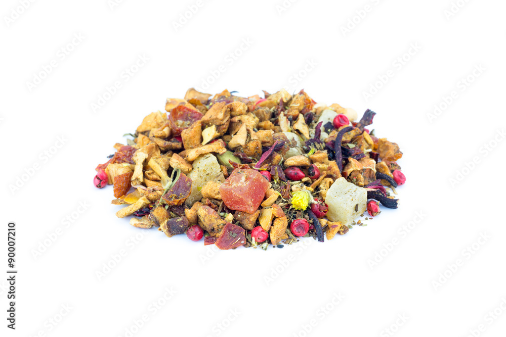 Heap of colorful loose hot pineapple tea on white Heap of colorful loose hot pineapple tea on white