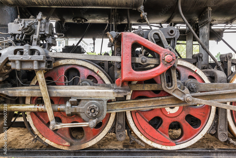 wheel detail of a steam train locomotive