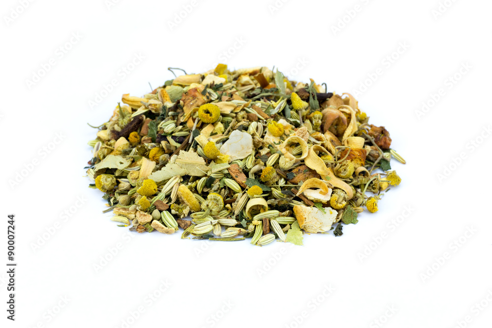 Heap of loose mixture of herbal tea on white background Heap of loose mixture of herbal tea on white background