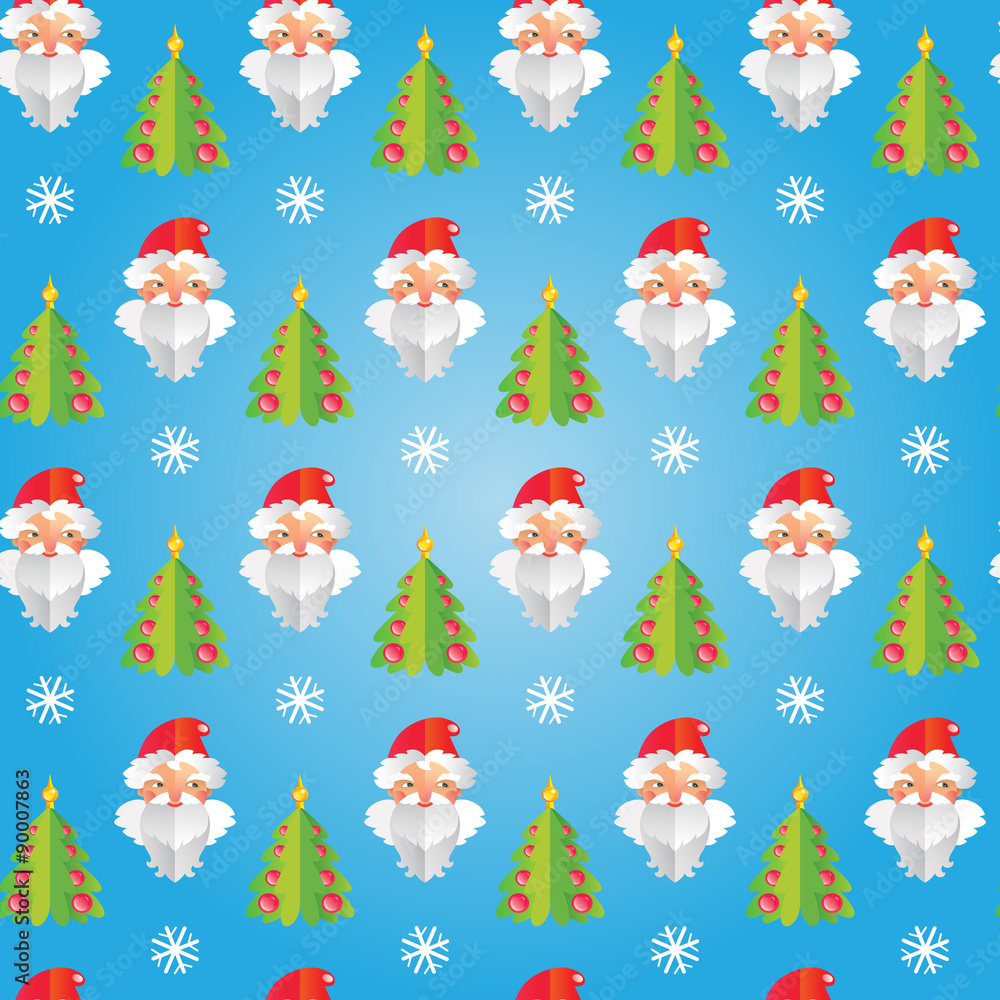 Cute pattern with Santa Claus and Fir-tree on blue background