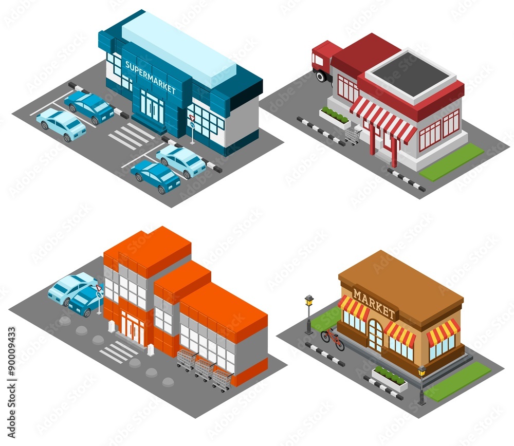 Supermarket stores buildings isometric icons set Supermarket stores buildings isometric icons set