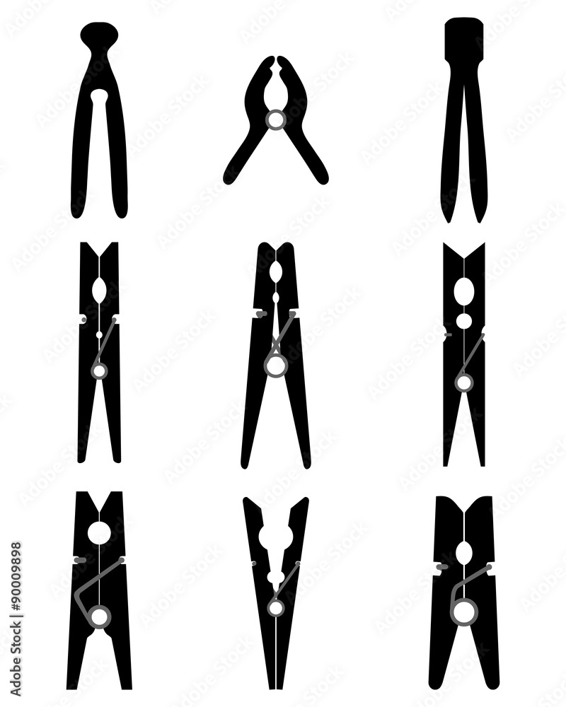 Black silhouette of different clothespins, vector illustration Black silhouette of different clothespins, vector illustration