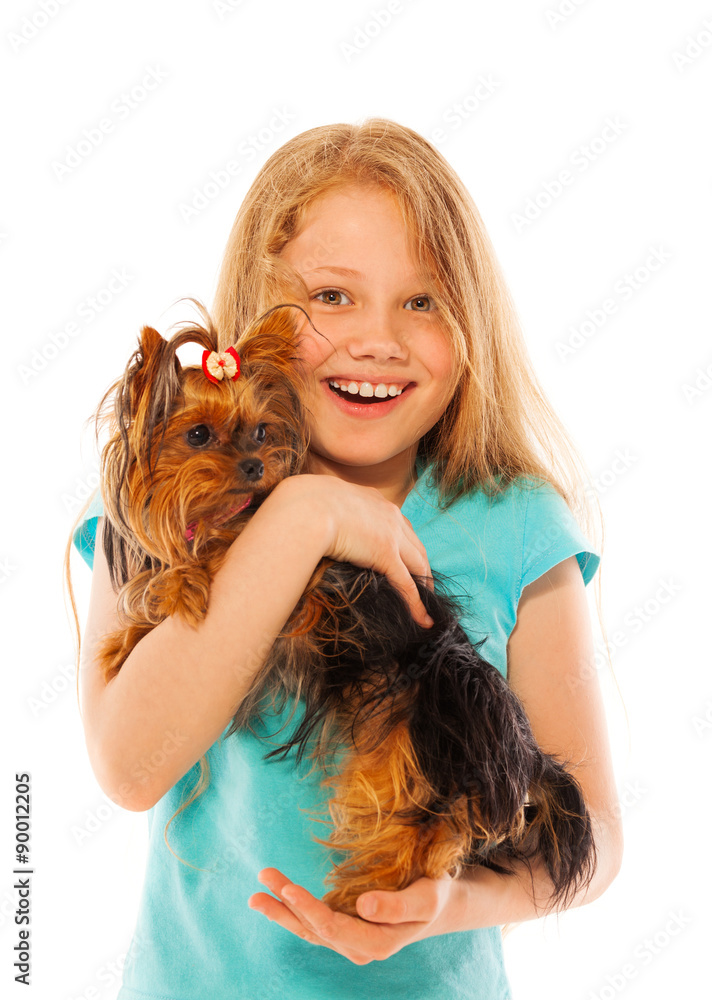 Happy laughing girl holding little dog Happy laughing girl holding little dog