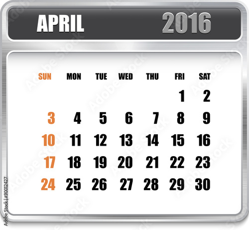 Monthly calendar for April 2016 on metallic plate