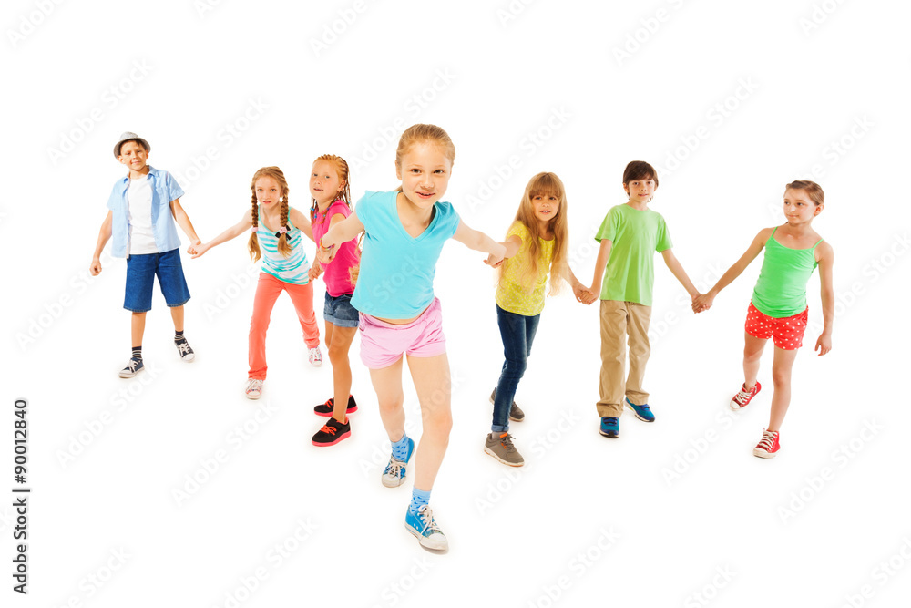 Girl hold hands with many friends and pull forward