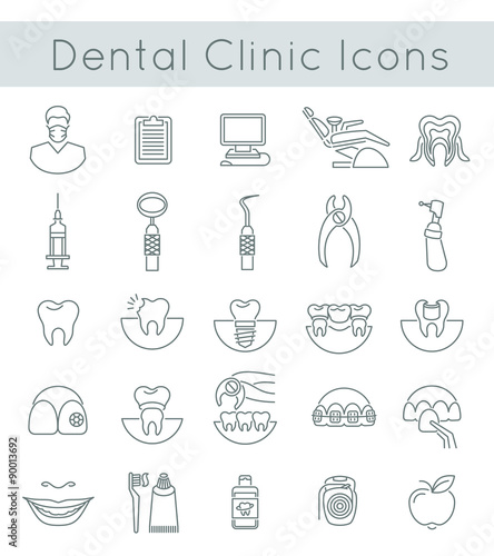 Flat thin line vector conceptual icons of dental clinic services, stomatology, dentistry, orthodontics, oral health care and hygiene, tooth restoration and dental instruments. Linear design elements