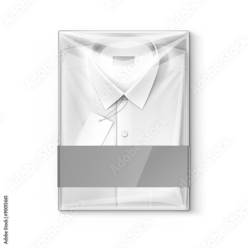 White classic men shirt with label in transparent packaging box