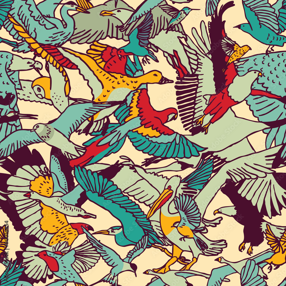 Wild nature birds color seamless pattern