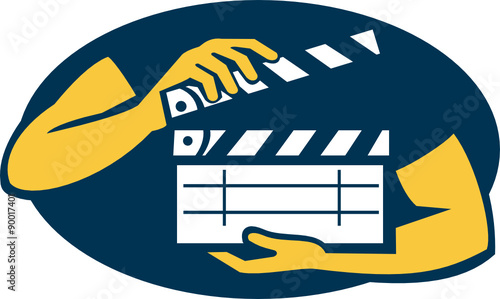 Hand Holding Movie Clapboard Oval Retro