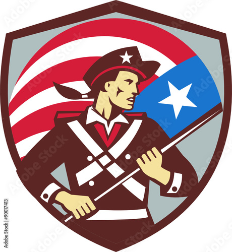 American Patriot Holding Brandish USA Flag Crest Retro
