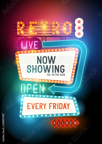 Retro Showtime Sign. Theatre cinema retro sign with glowing neon signs. Vector illustration.