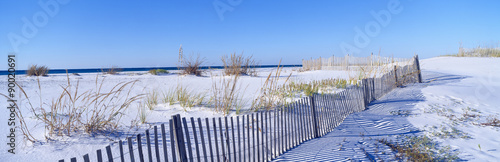 Sea oats and fence along white sand beach at Santa Rosa Island near Pensacola, Florida