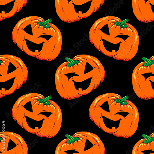 Halloween jack-o-lantern orange pumpkin vegetable vector seamless pattern background texture
