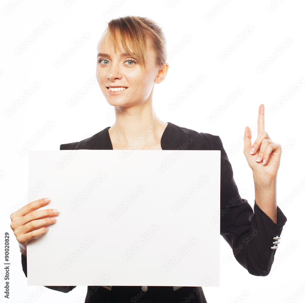 young business woman showing blank signboard young business woman showing blank signboard
