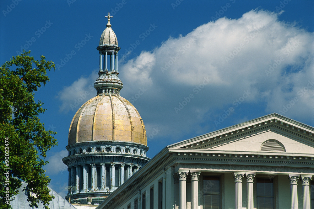 This is the historic State Capitol building. It has a yellow dome and columns making up the structure. This is the historic State Capitol building. It has a yellow dome and columns making up the structure.