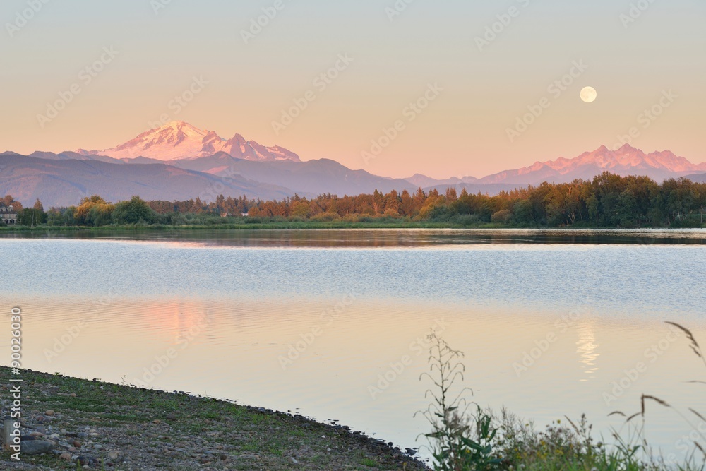 Full Blue Moon over Mt. Baker and Three Sisters Mountain