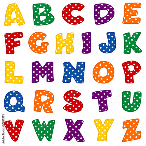 Alphabet, original polka dot design in vivid red, blue, green, gold, orange and purple, uppercase letters for back to school, crafts, scrapbooks.
