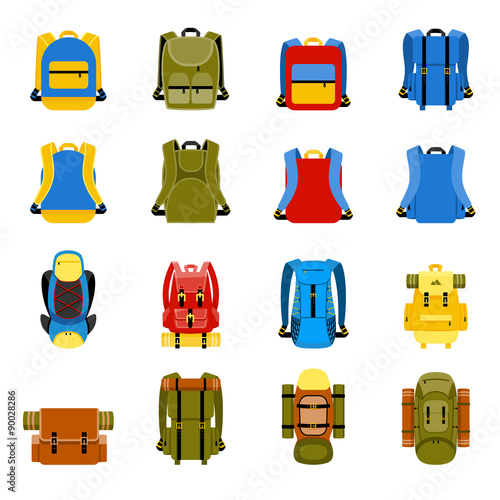 Travel backpack, camping rucksack and school bag icons