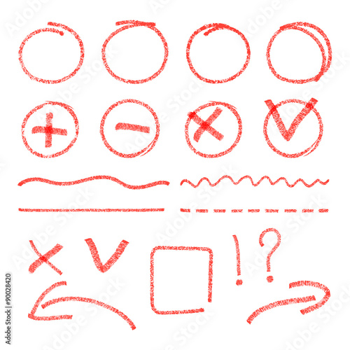 Vector red highlight elements. Circles, arrows, check marks
