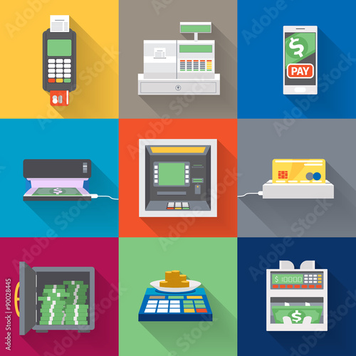 Cash machines icons set in flat style
