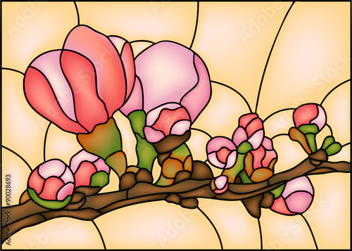 Sakura / cherry blossom.  Japan garden. Stained glass window, vector