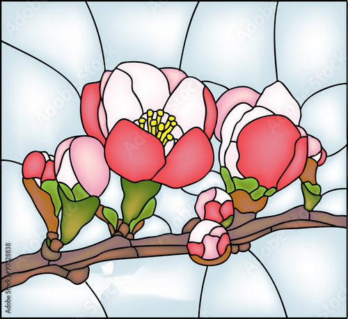 Sakura / cherry blossom.  Japan garden. Stained glass window, vector