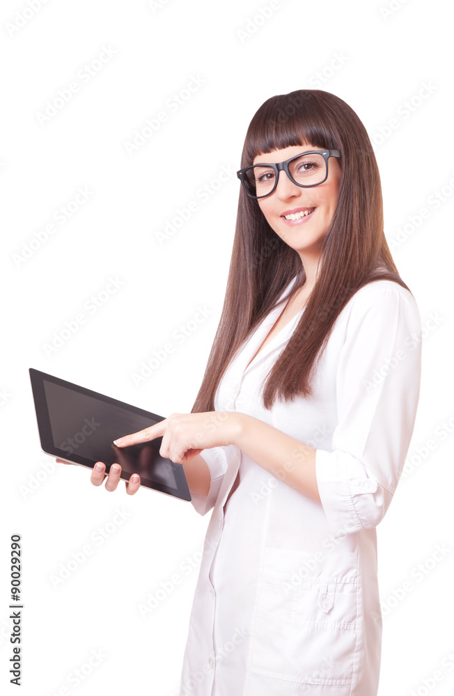 Attractive woman in a lab white coat with tablet pc Attractive woman in a lab white coat with tablet pc