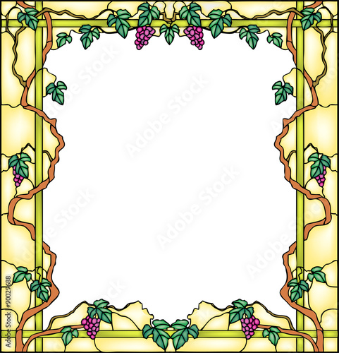 Beautiful grape with leaves, decor idea, vector illustration in stained glass style
