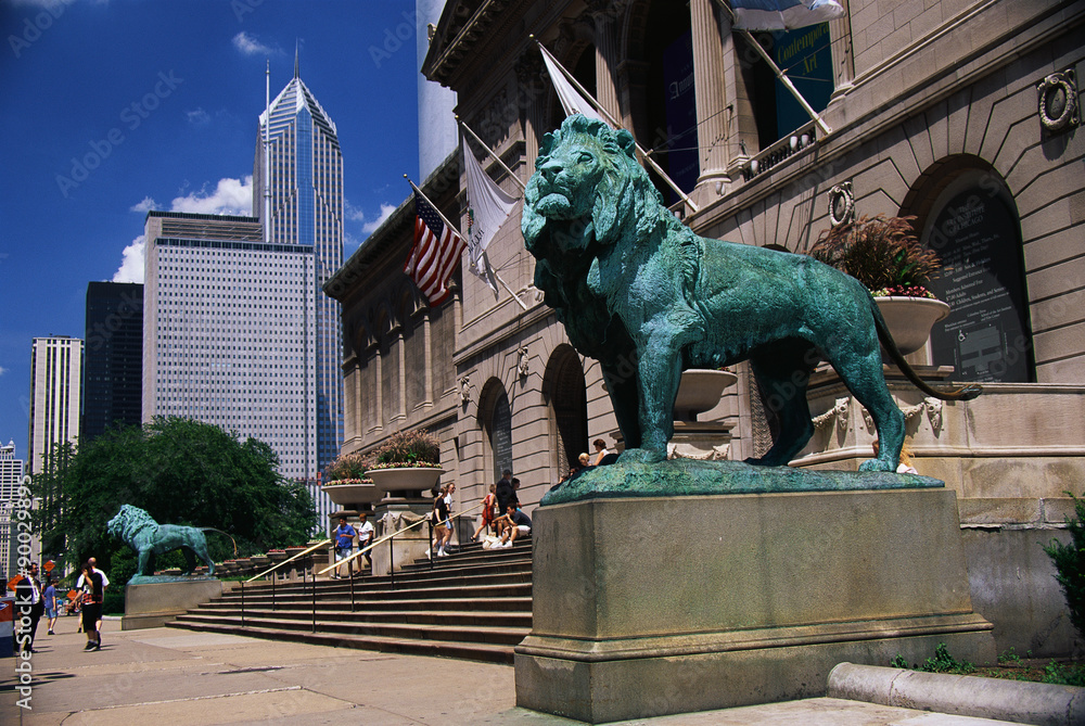 Fototapeta premium This is the exterior of the Art Institute of Chicago. The famous lion statues are guarding its entrance.