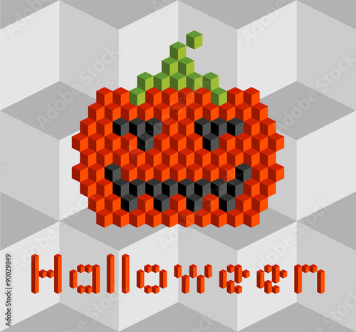 8 bit pumpkin, Halloween card, vector