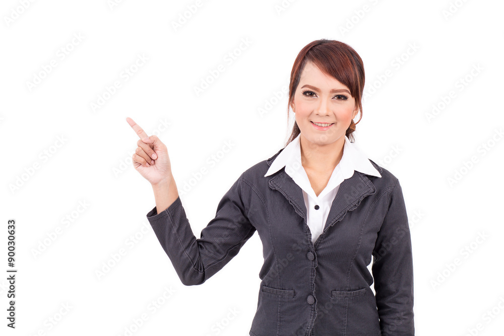 smiling young business woman hand point . suggest work. presentation smiling young business woman hand point . suggest work. presentation